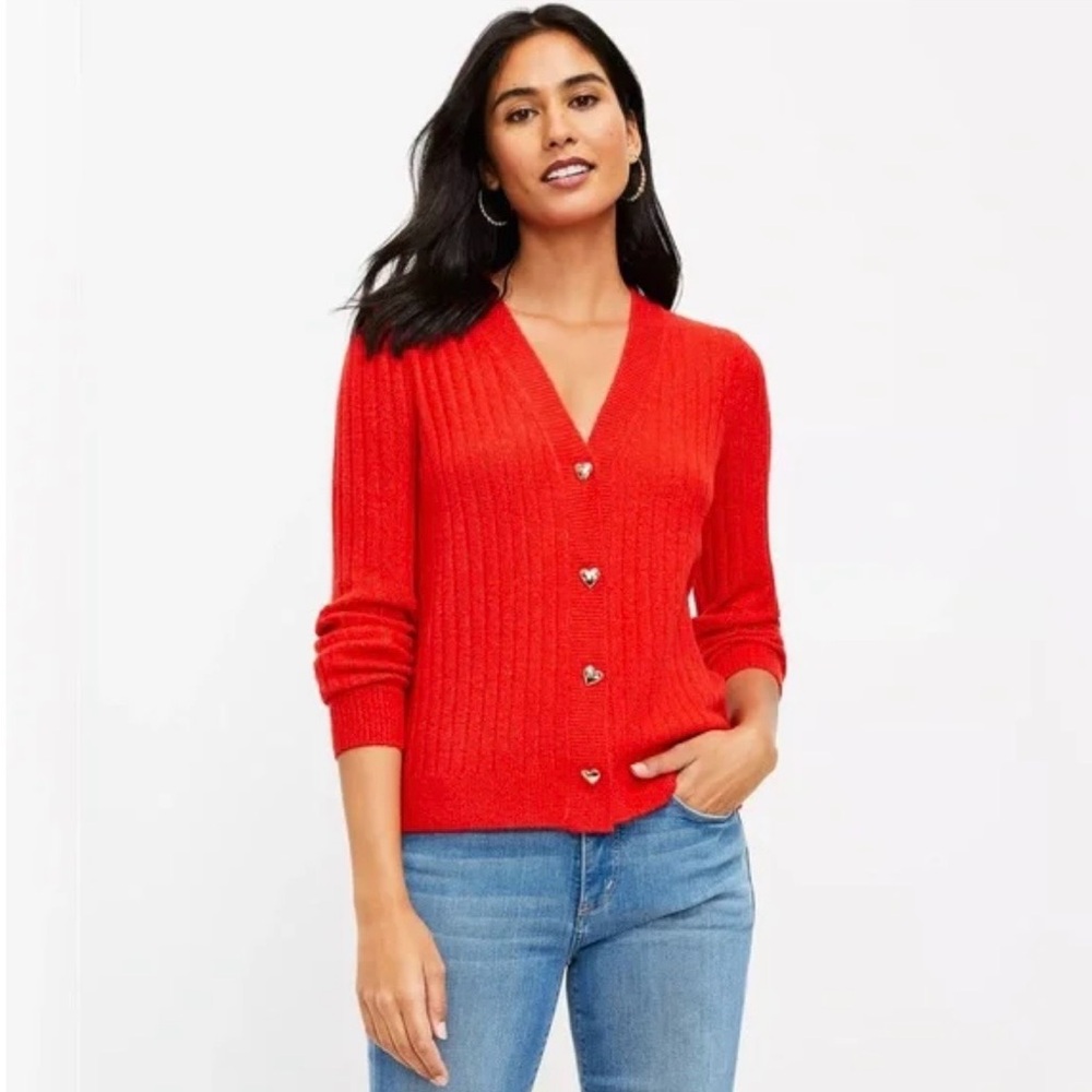 Nwt Loft Red Cardigan Heart Button Sweater-xl